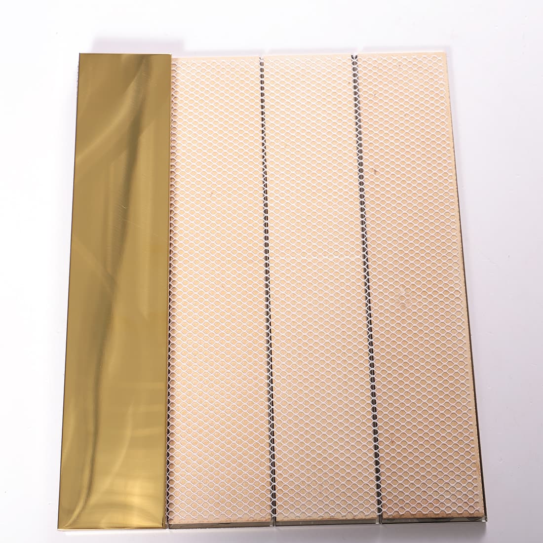 Back mesh view of gold brushed long strip metal mosaic tile sheet