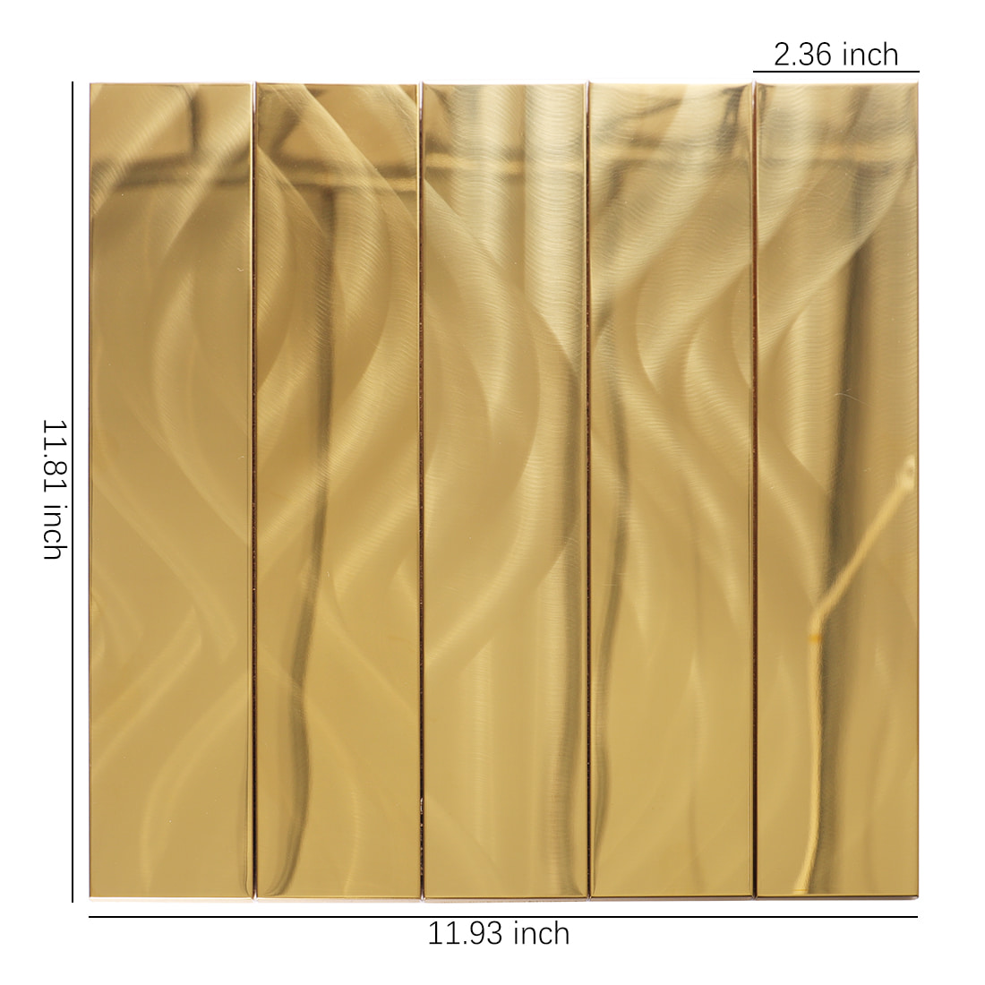 Gold brushed long strip metal mosaic tile sheet with size details