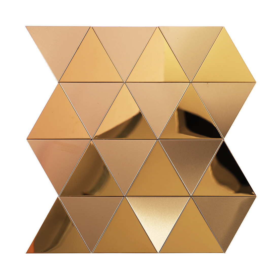 Full sheet of gold triangular metal wall tiles with mixed brushed and mirror finishes.