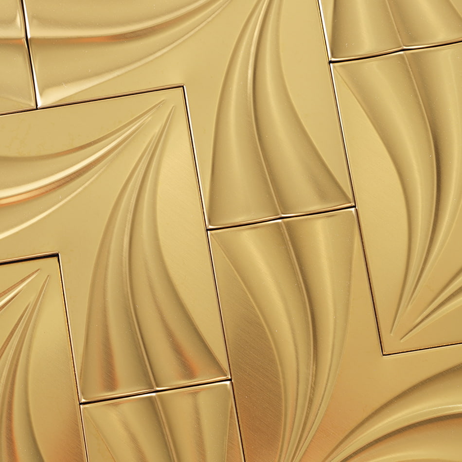 Close-up of gold chevron stainless steel mosaic tile surface