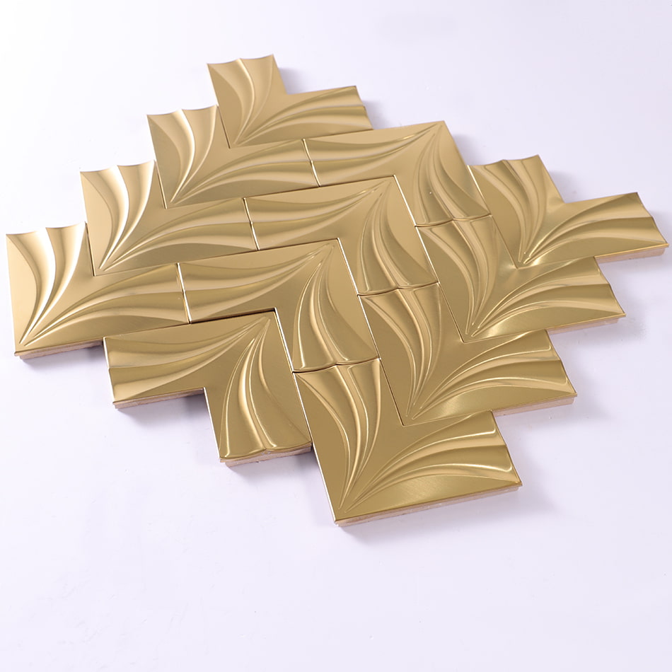 Perspective view of gold chevron stainless steel mosaic tile sheet
