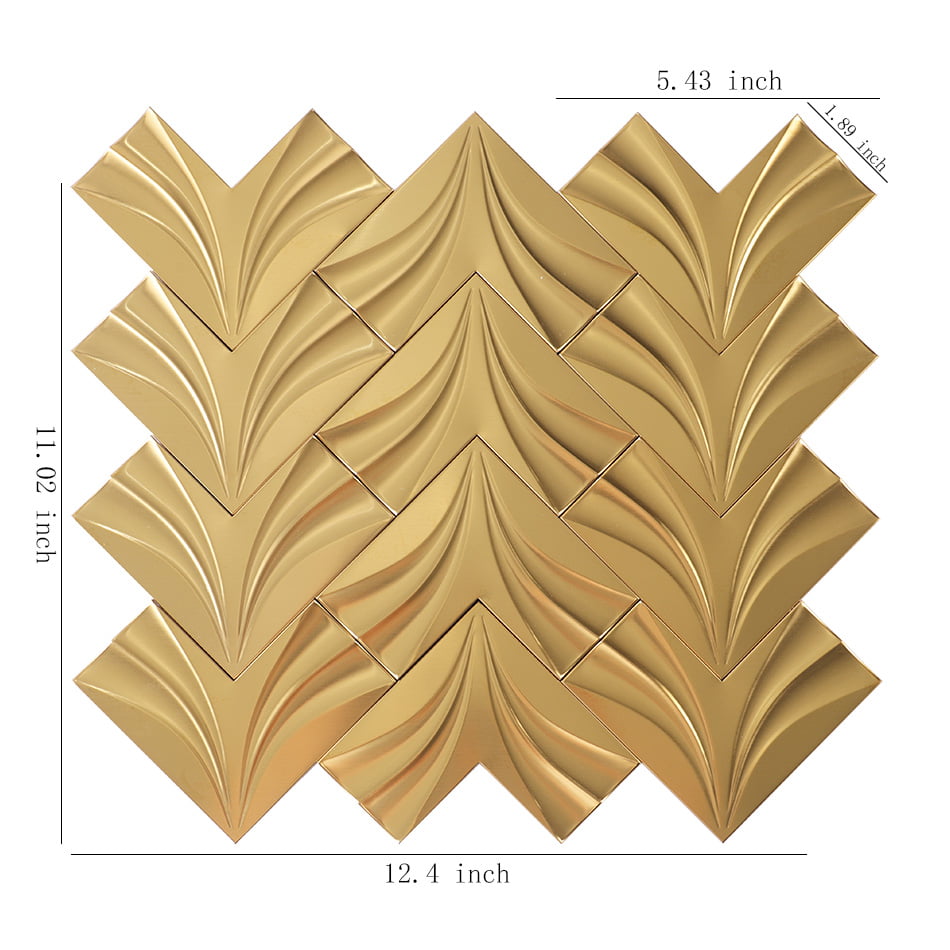 Gold chevron stainless steel mosaic tile sheet with size details