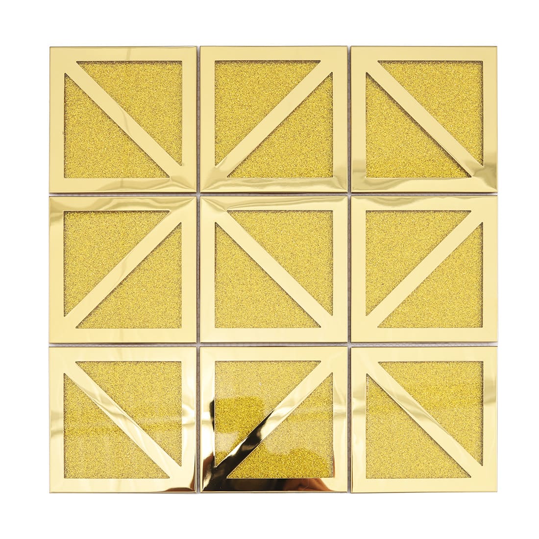 Full sheet of gold square mosaic tiles with sparkling inset and diagonal design
