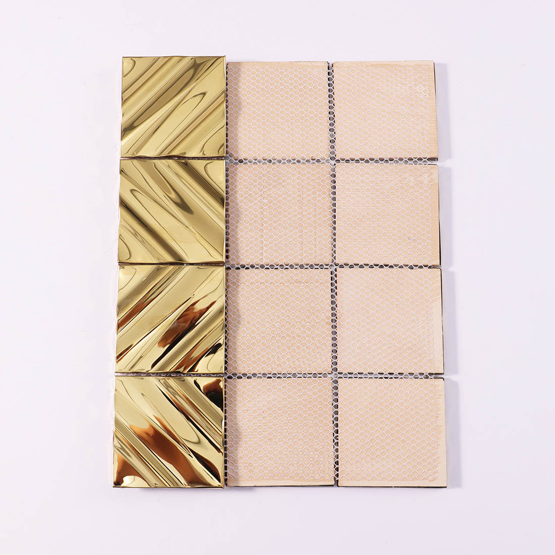 Gold diagonal square stainless steel mosaic tile sheet with mesh backing