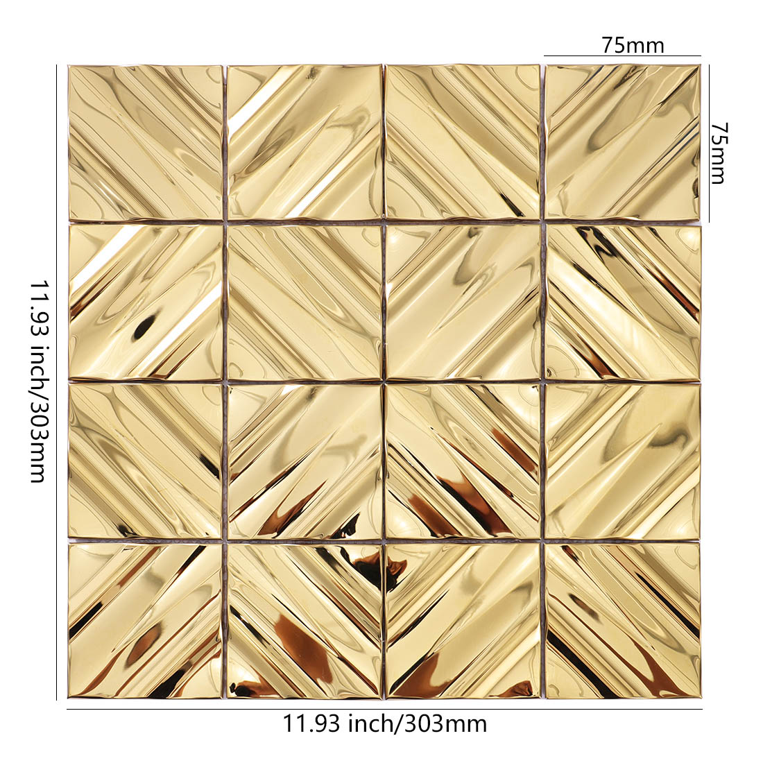 Gold diagonal square stainless steel mosaic tile sheet with 75mm tiles
