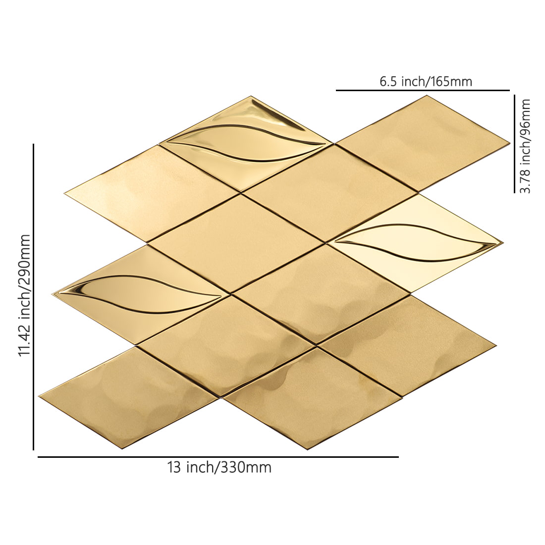 Gold diamond metal mosaic tile with leaf pattern and dimension text.