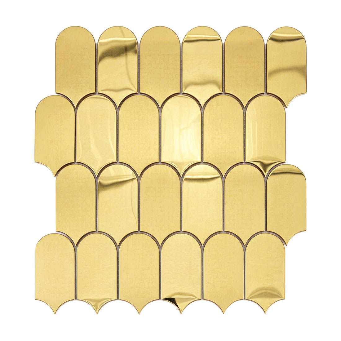 Gold elongated scallop metal mosaic in a staggered sheet layout