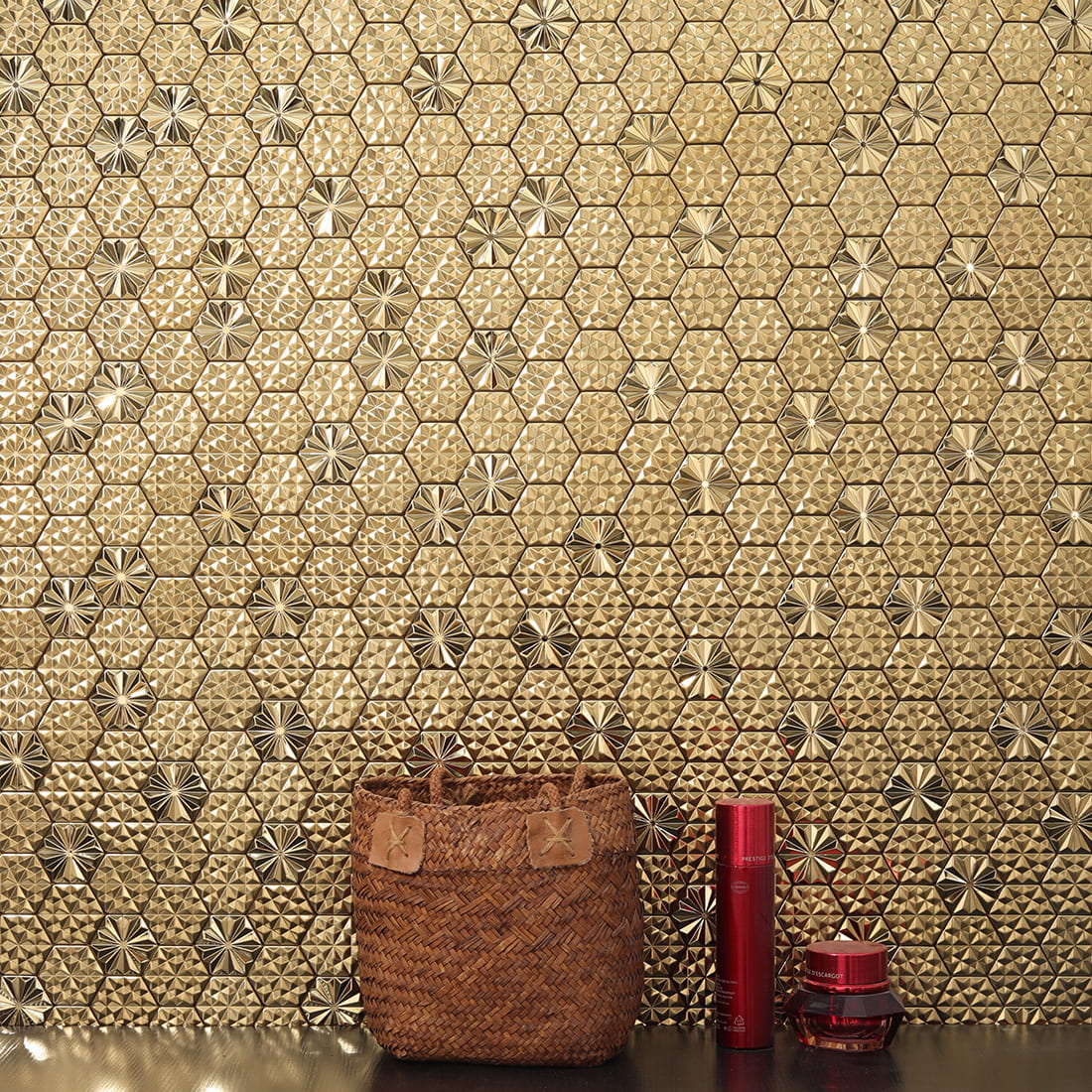 Gold embossed hexagon metal mosaic tile wall with decor scene