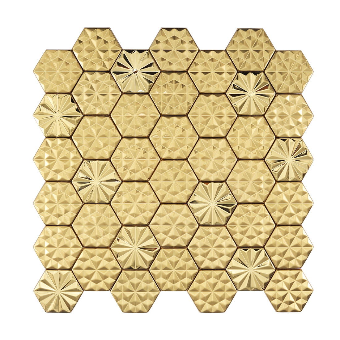 Full sheet of gold embossed hexagon metal mosaic tiles