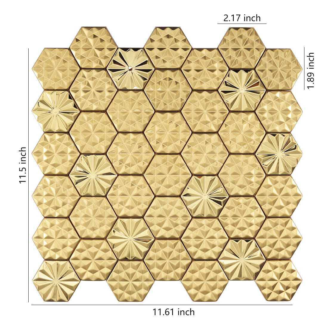 Gold embossed hexagon metal mosaic tile sheet with size details