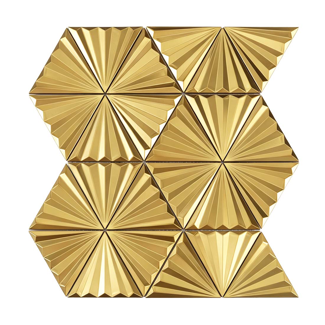 Gold fan triangle metal mosaic sheet with raised 3D radial texture