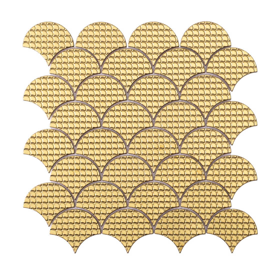 Full sheet of gold fish scale metal mosaic tile with raised scale pattern