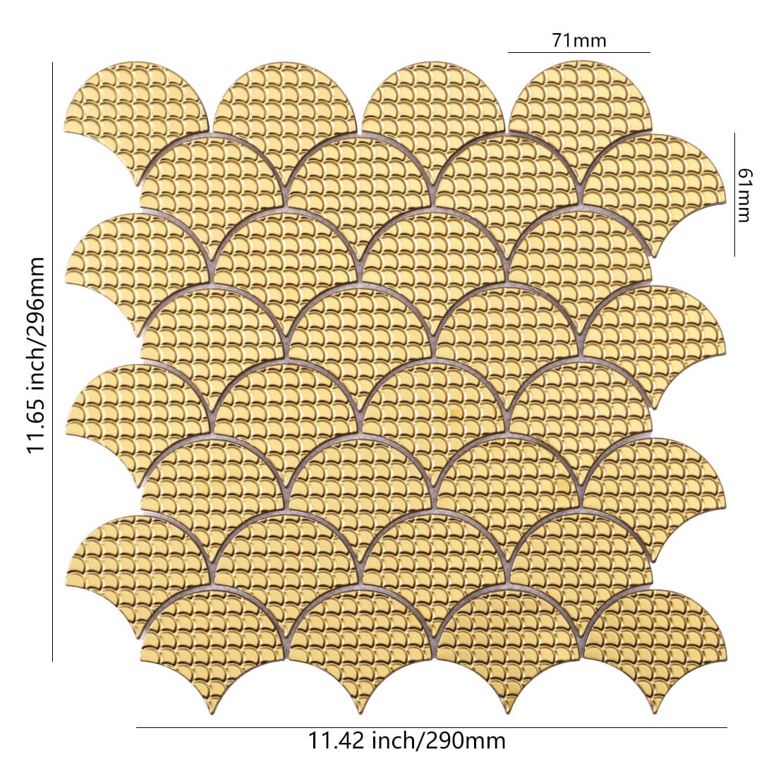 Gold fish scale metal mosaic tile sheet with size details