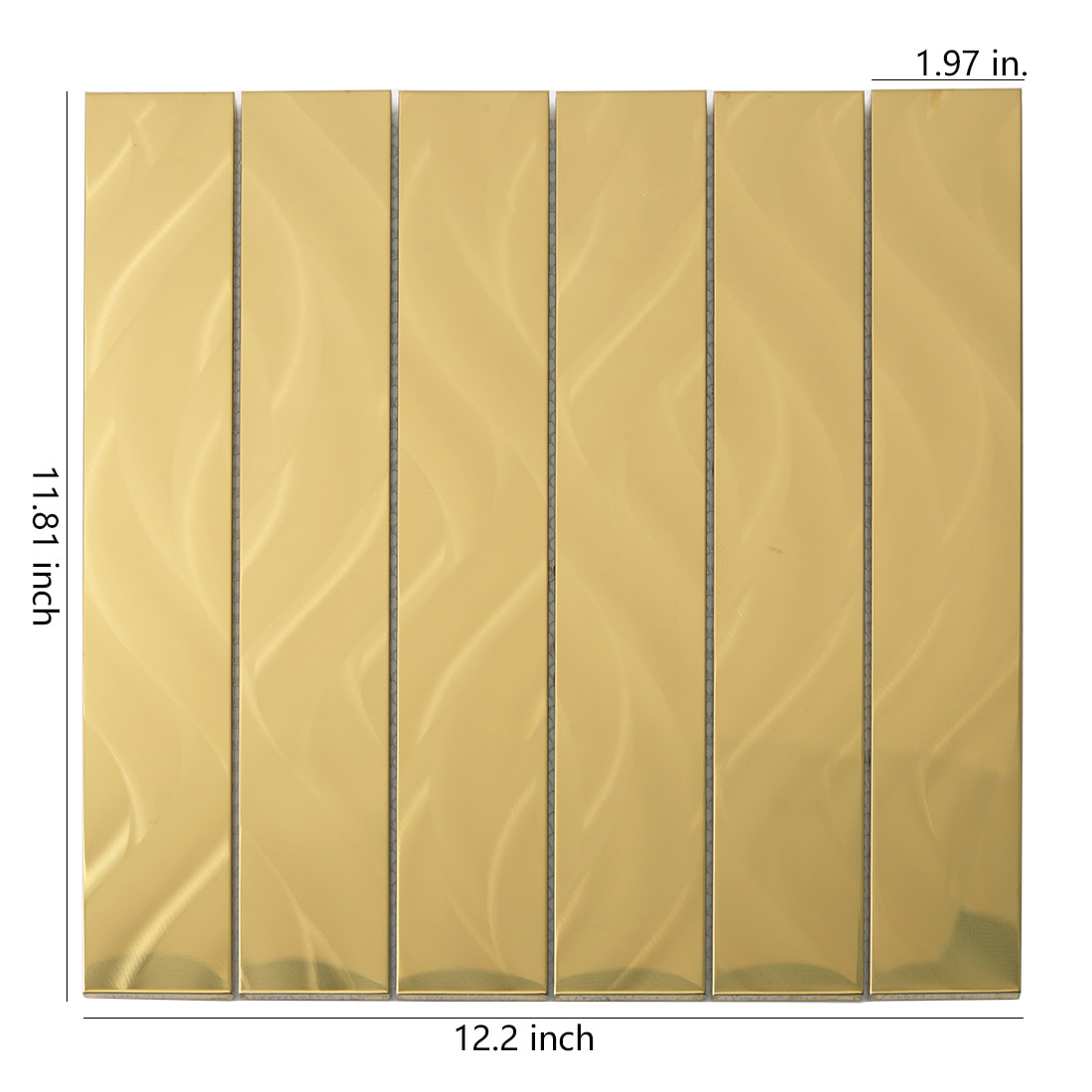 Front view of gold linear tile with dimensions and flowy brushed texture.