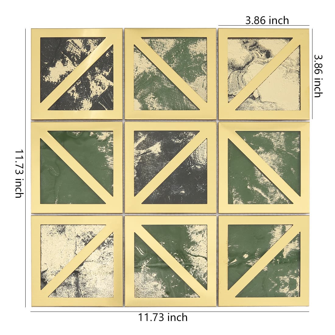 Gold framed square mosaic tile with green and black textured glass design