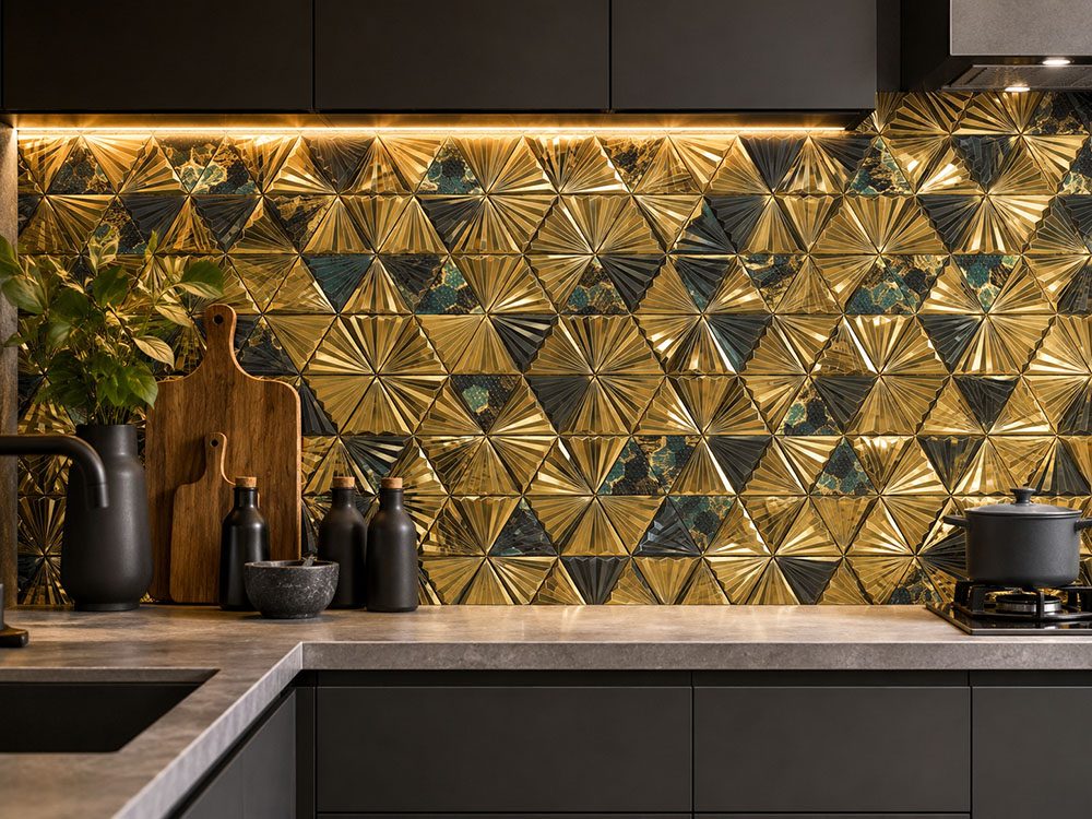 Gold geometric metal tiles on a modern kitchen backsplash with black cabinets.