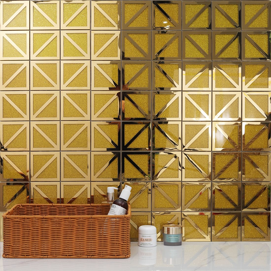 Gold glitter square mosaic wall tiles styled in a bathroom vanity scene