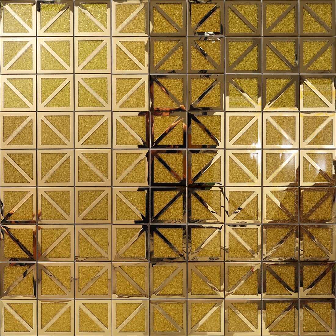 Installed gold geometric mosaic wall tiles with glitter square pattern