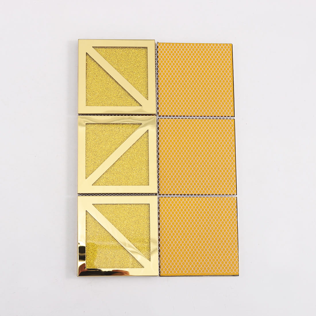 Back sample view of gold glitter square mosaic tile sheet with mesh backing