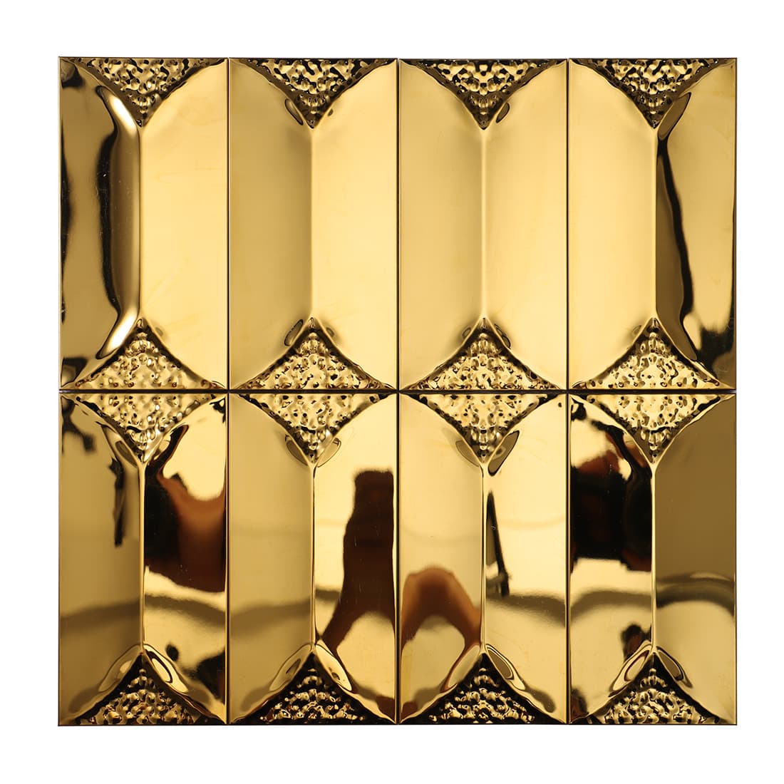Full sheet of glossy gold 3D picket-style metal mosaic tiles.