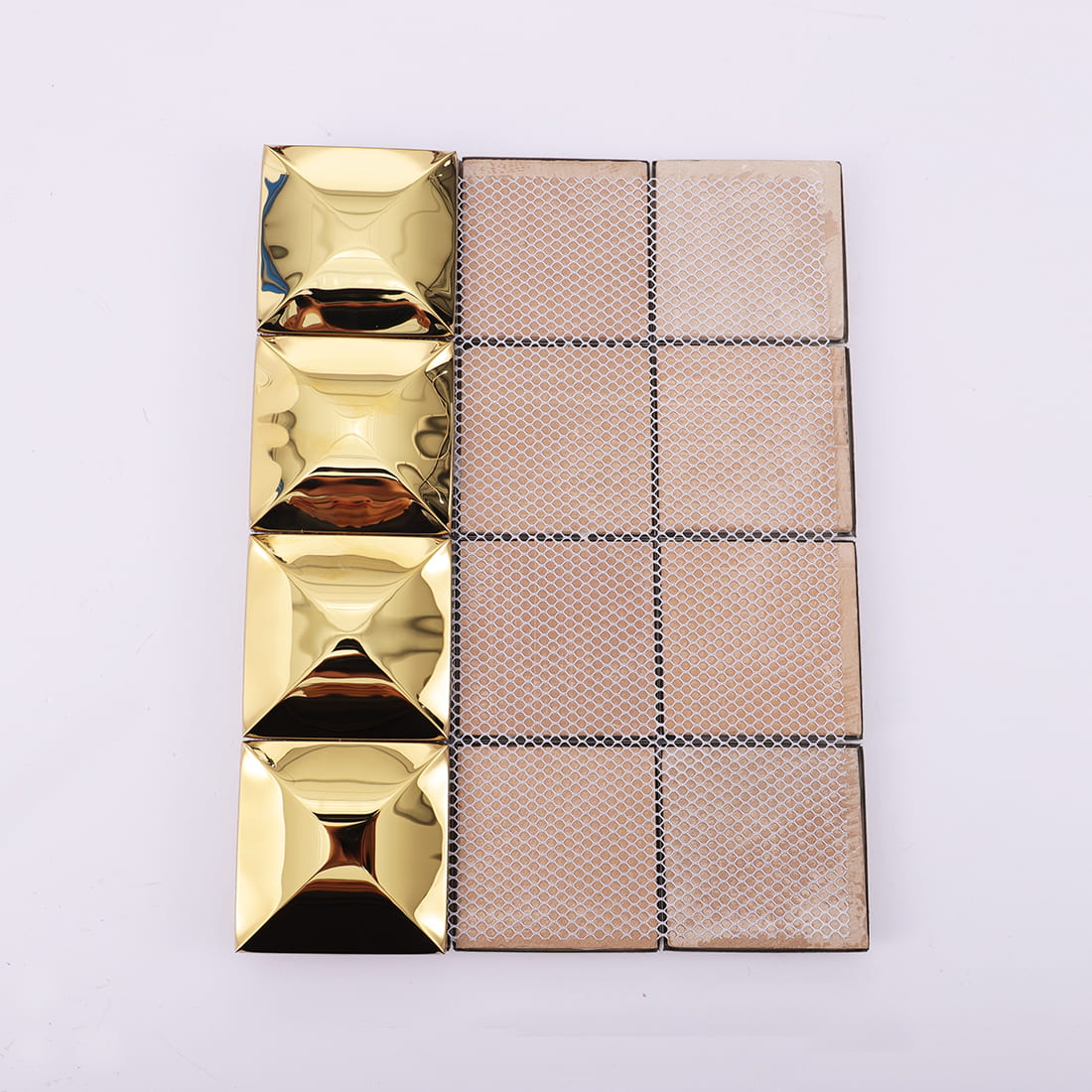 Back mesh view of gold glossy square 3D metal mosaic tile