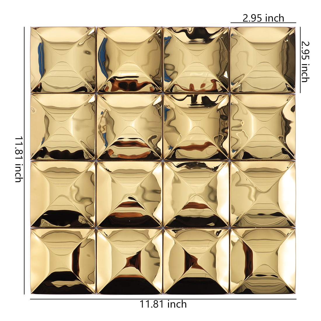Gold glossy square 3D metal mosaic tile sheet with dimensions