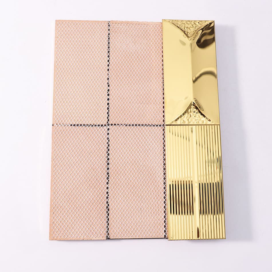 Back mesh view of gold glossy textured rectangular metal mosaic tile