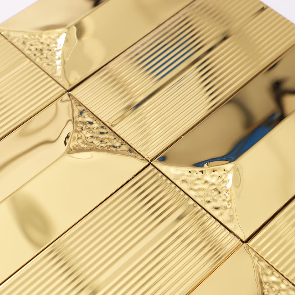 Close up of gold glossy textured rectangular metal mosaic tile surface
