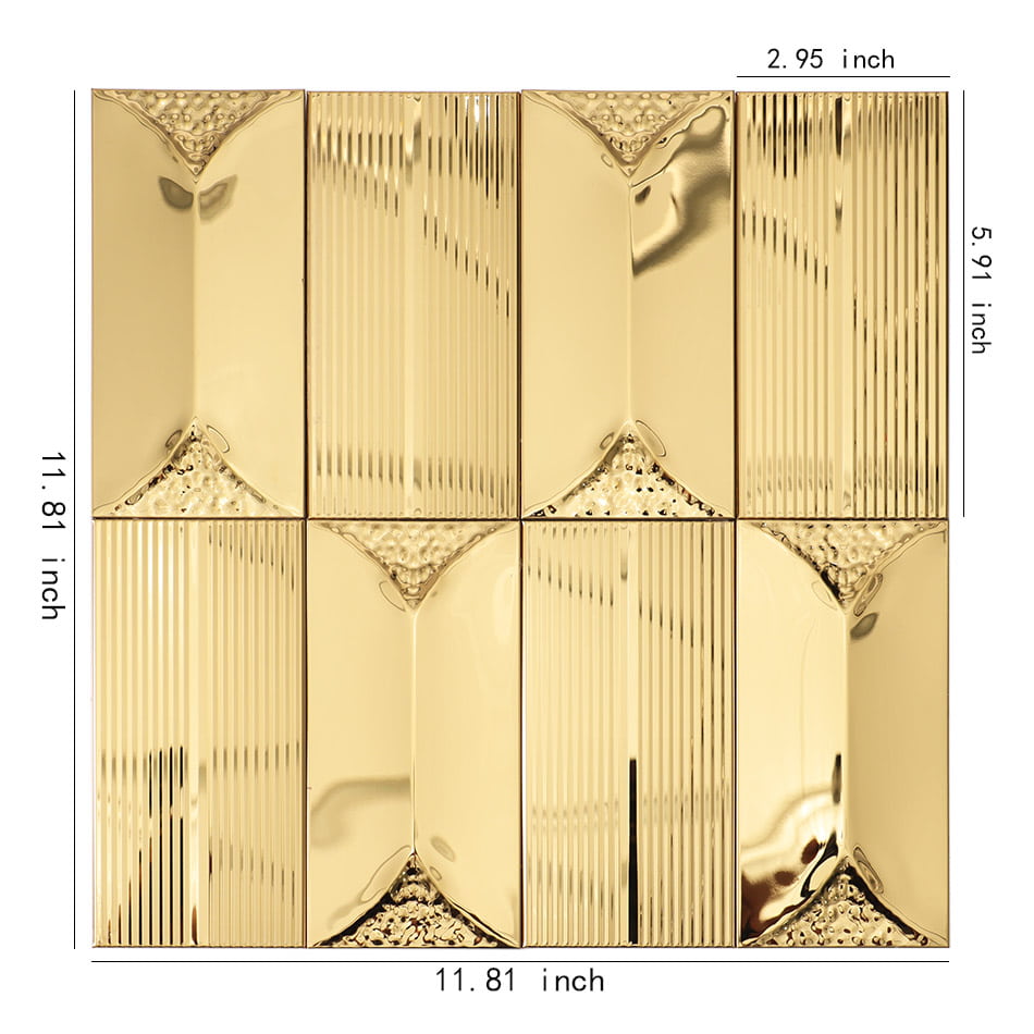 Gold glossy textured rectangular metal mosaic tile sheet with dimensions