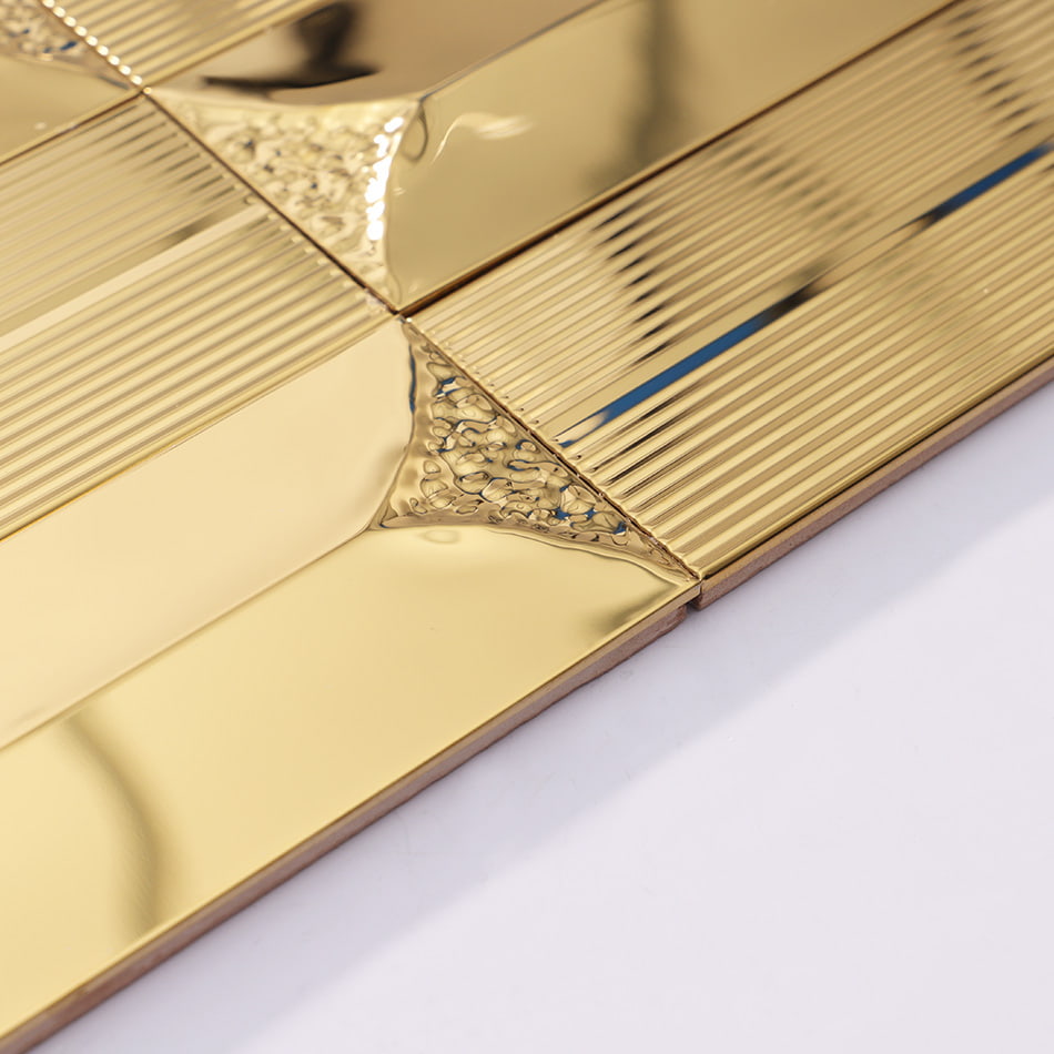 Edge view of gold glossy textured rectangular metal mosaic tile sheet