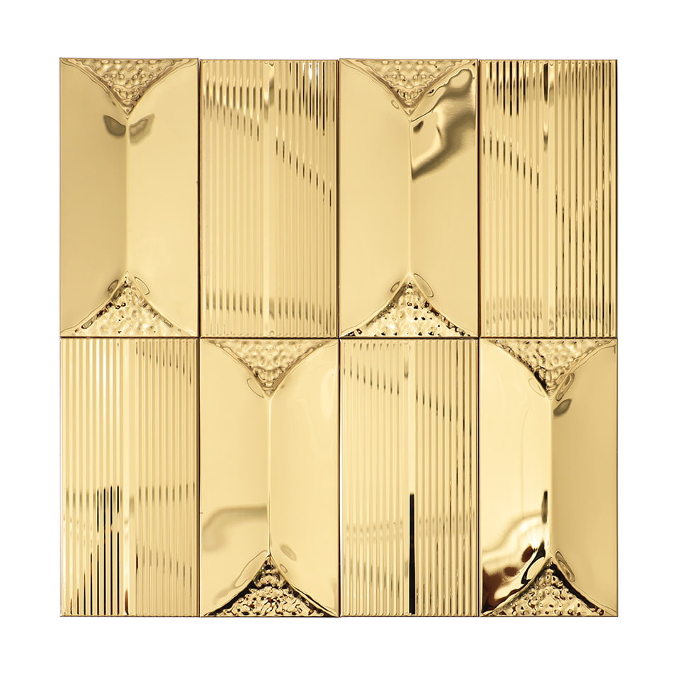 Full sheet of gold glossy textured rectangular metal mosaic tile