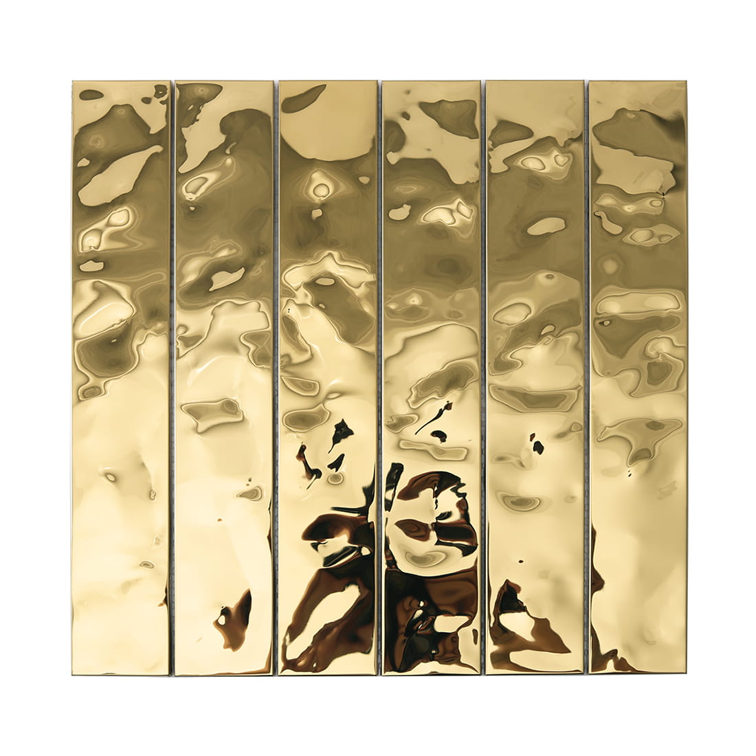 Square sheet of gold ripple textured metal mosaic tiles for walls.