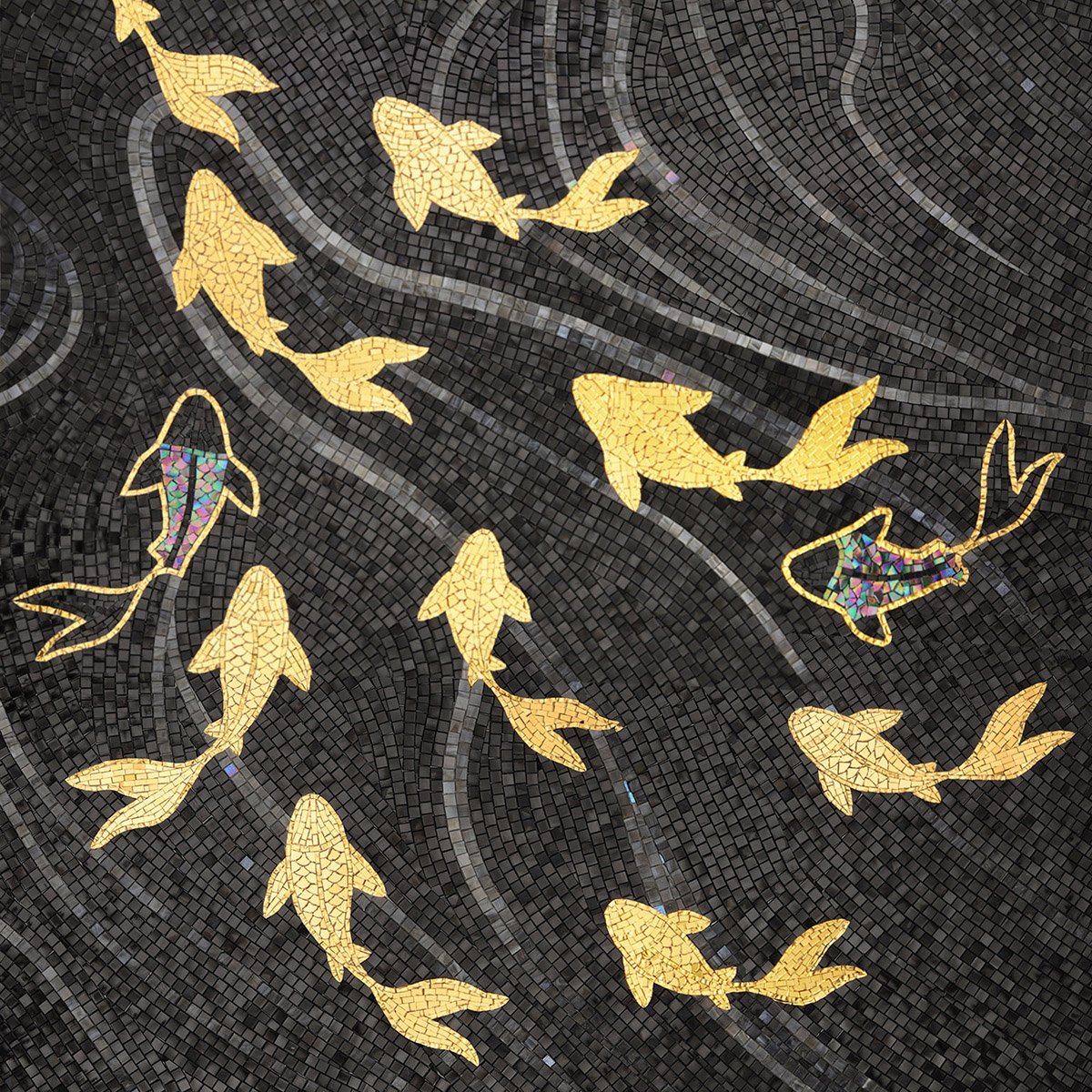 Golden koi fish mosaic artwork on dark tiles with flowing patterns