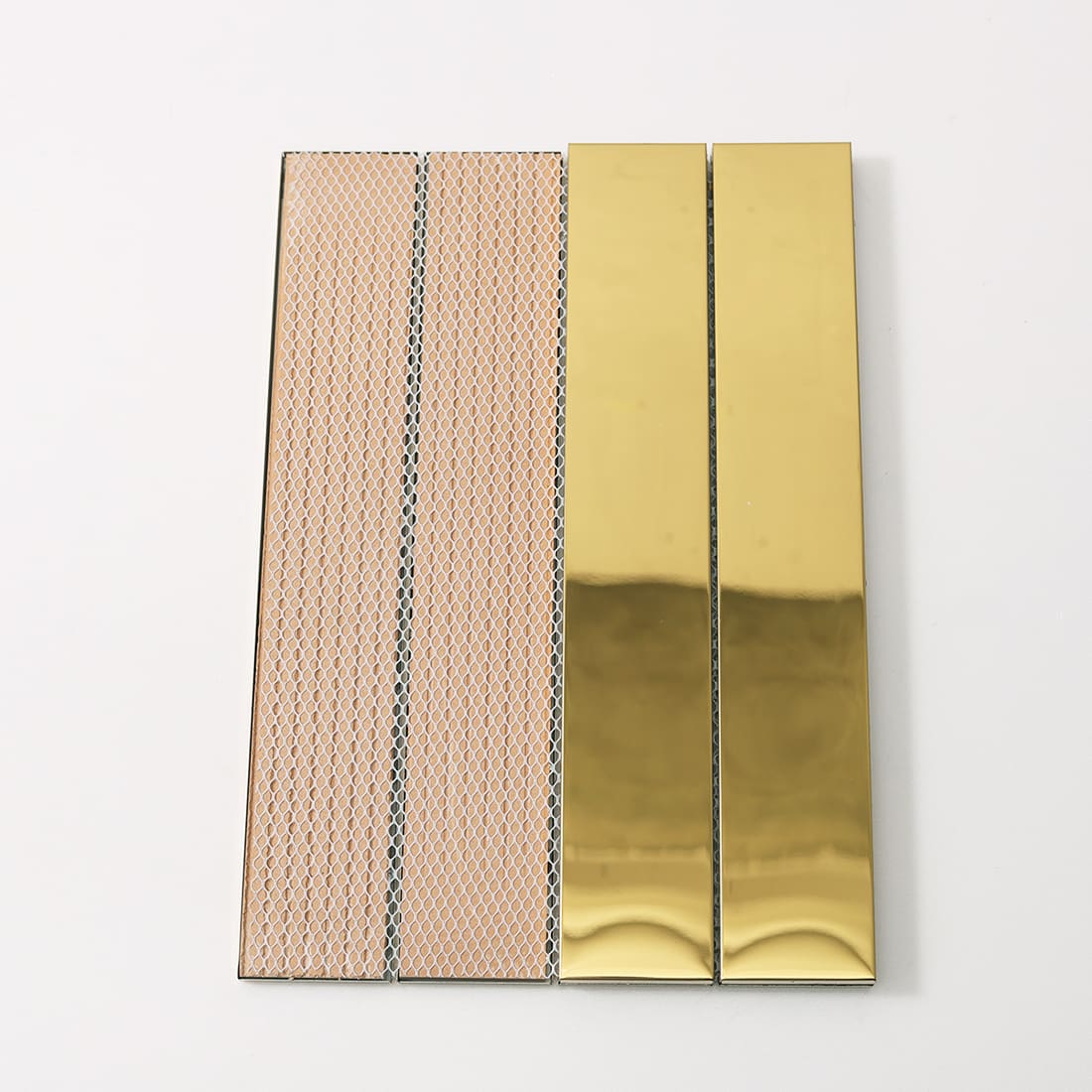 Front and back of gold linear tile showing the fiber mesh backing.
