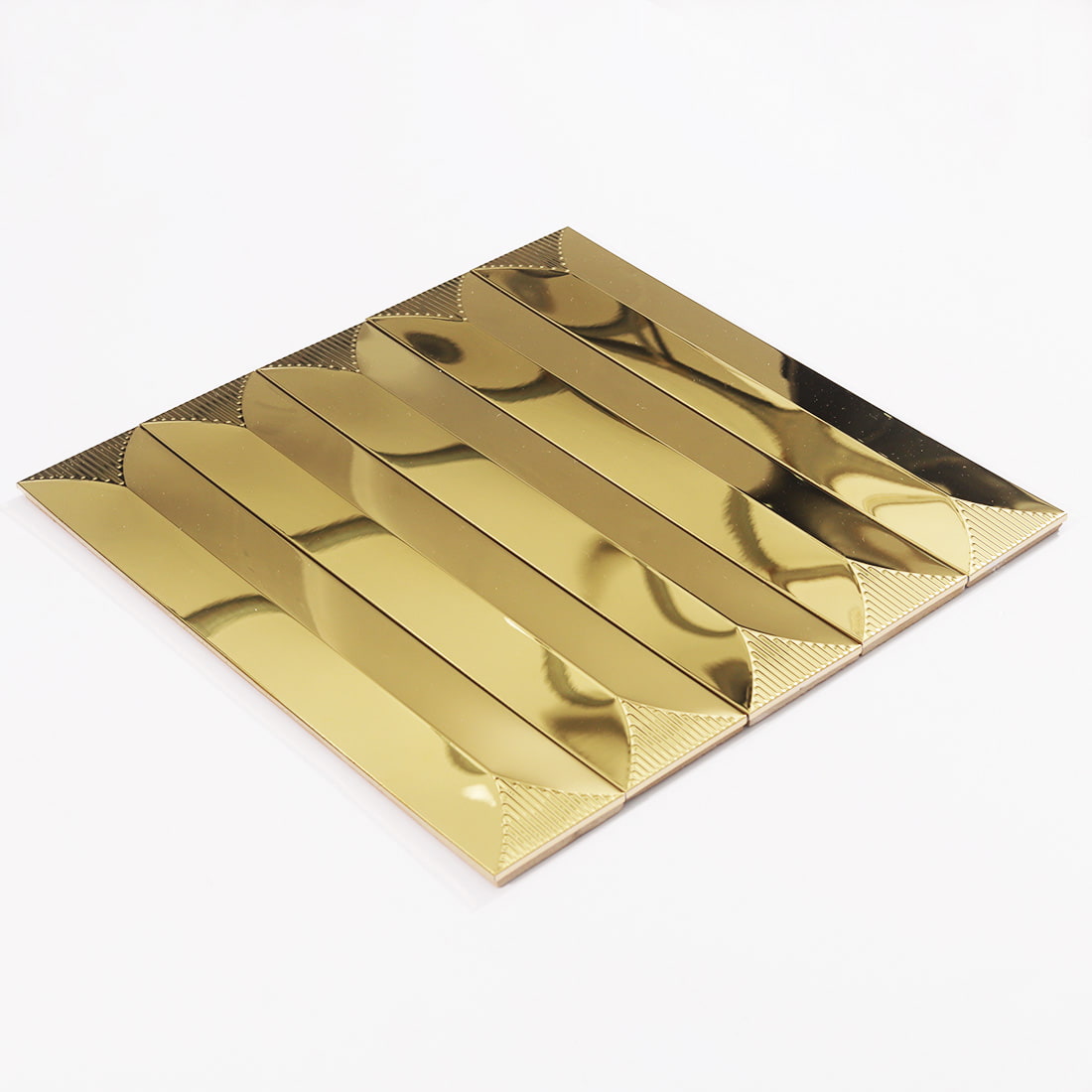 Angled view of gold long strip mirror metal mosaic sheet