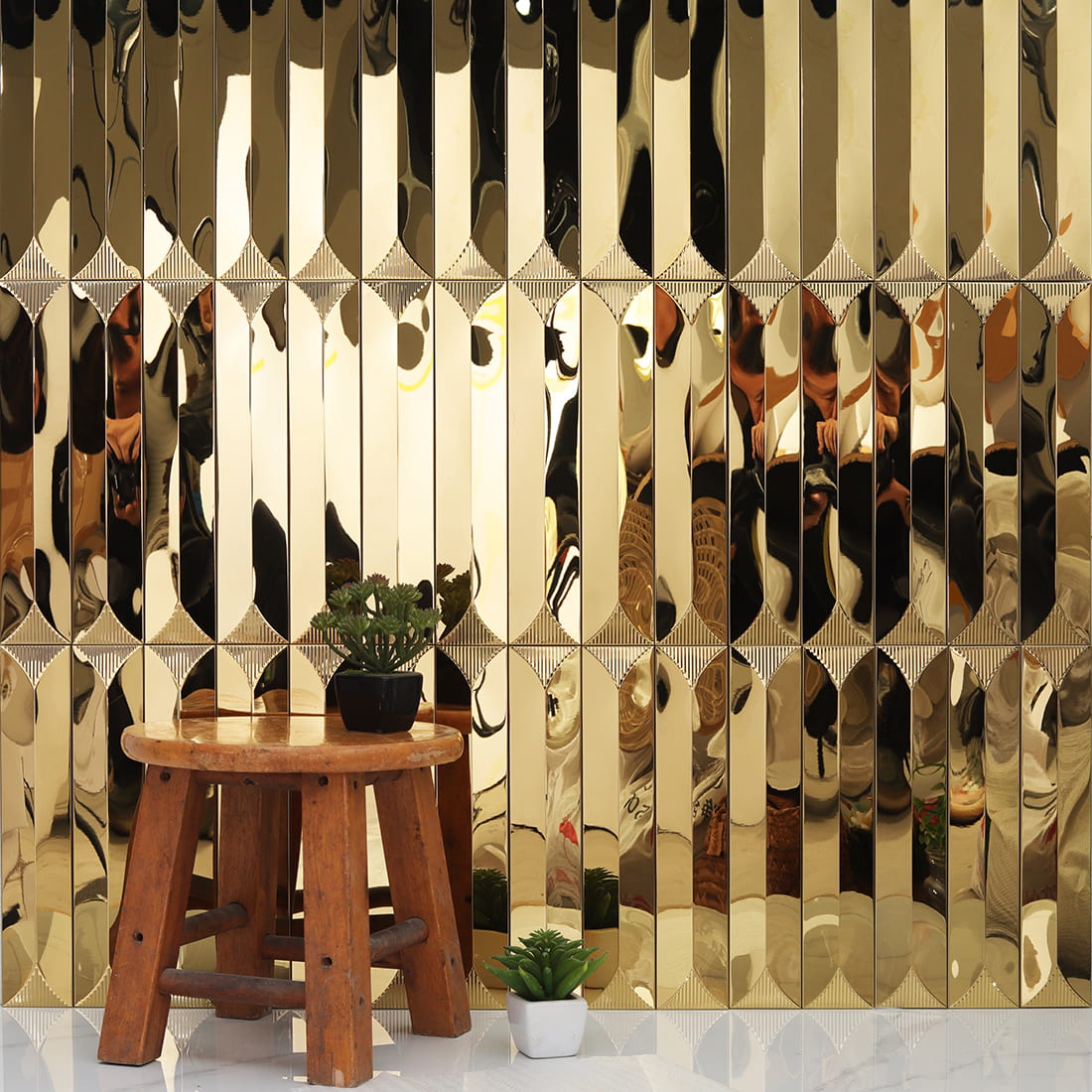 Interior wall with gold long strip mirror metal mosaic tile