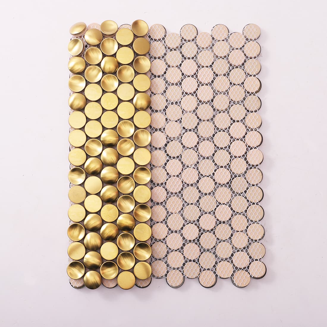 Gold metal mosaic tile sheet showing front and mesh backing