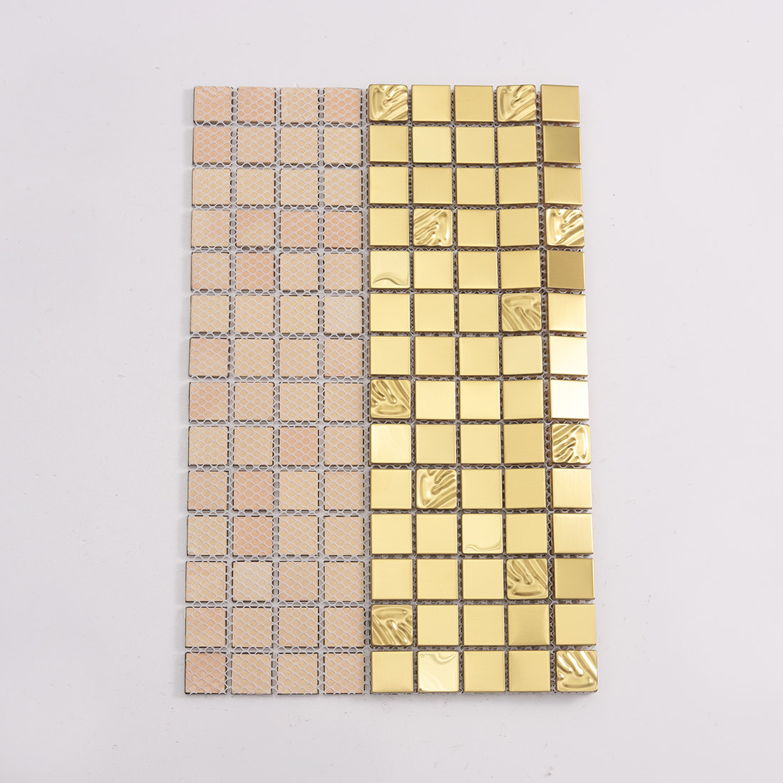Gold metal square mosaic tile sheet showing front surface and mesh backing