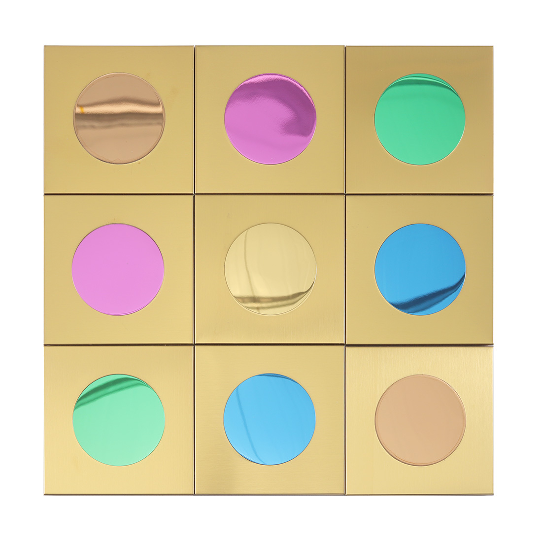Full gold metal square tile sheet with pink blue green and bronze round discs