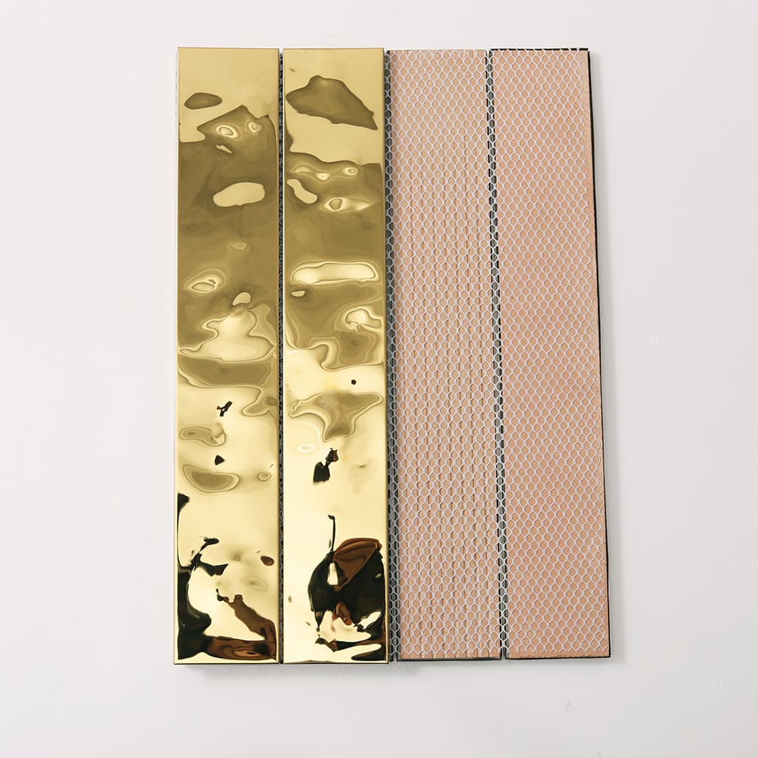 Front and back view of gold ripple tiles showing mesh backing.