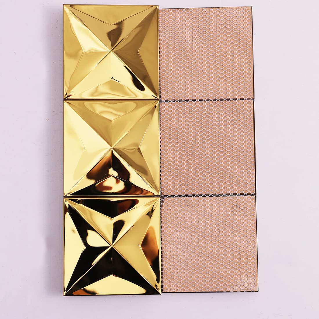 Back view of gold mirror 3D square stainless steel mosaic tile sheet