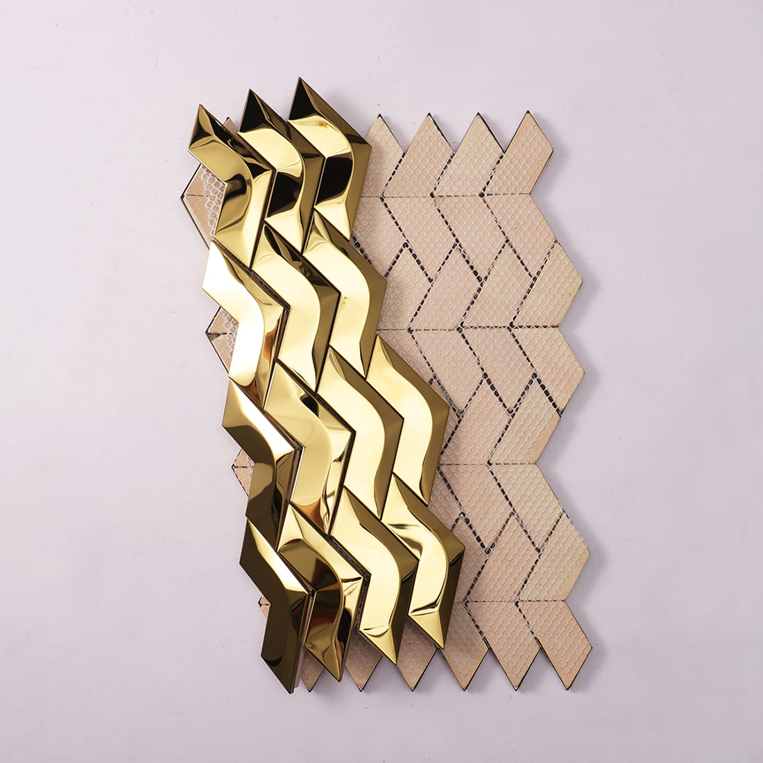 Gold mirror chevron metal mosaic tile with mesh backing view