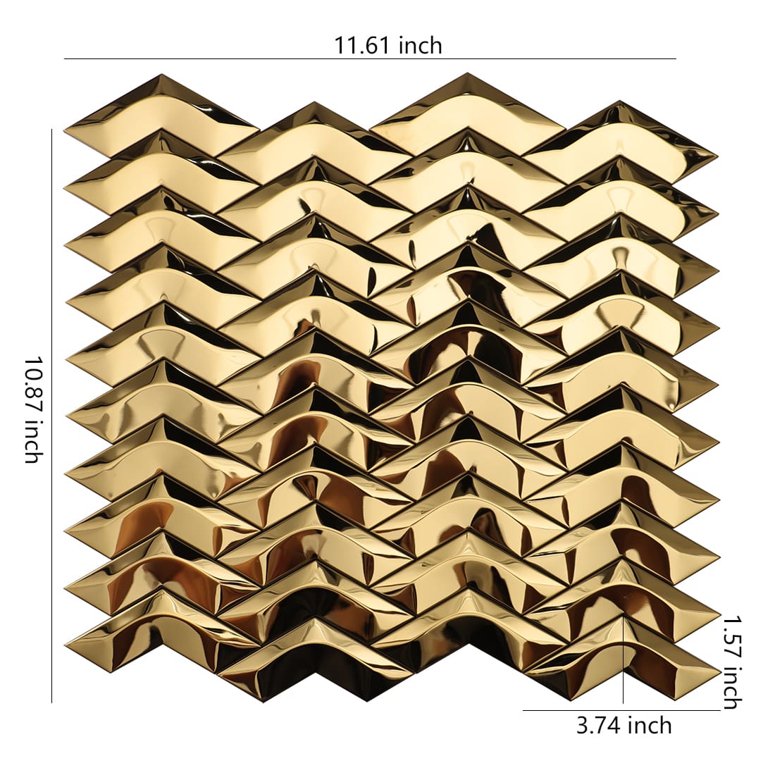 Gold mirror chevron metal mosaic tile sheet with size details