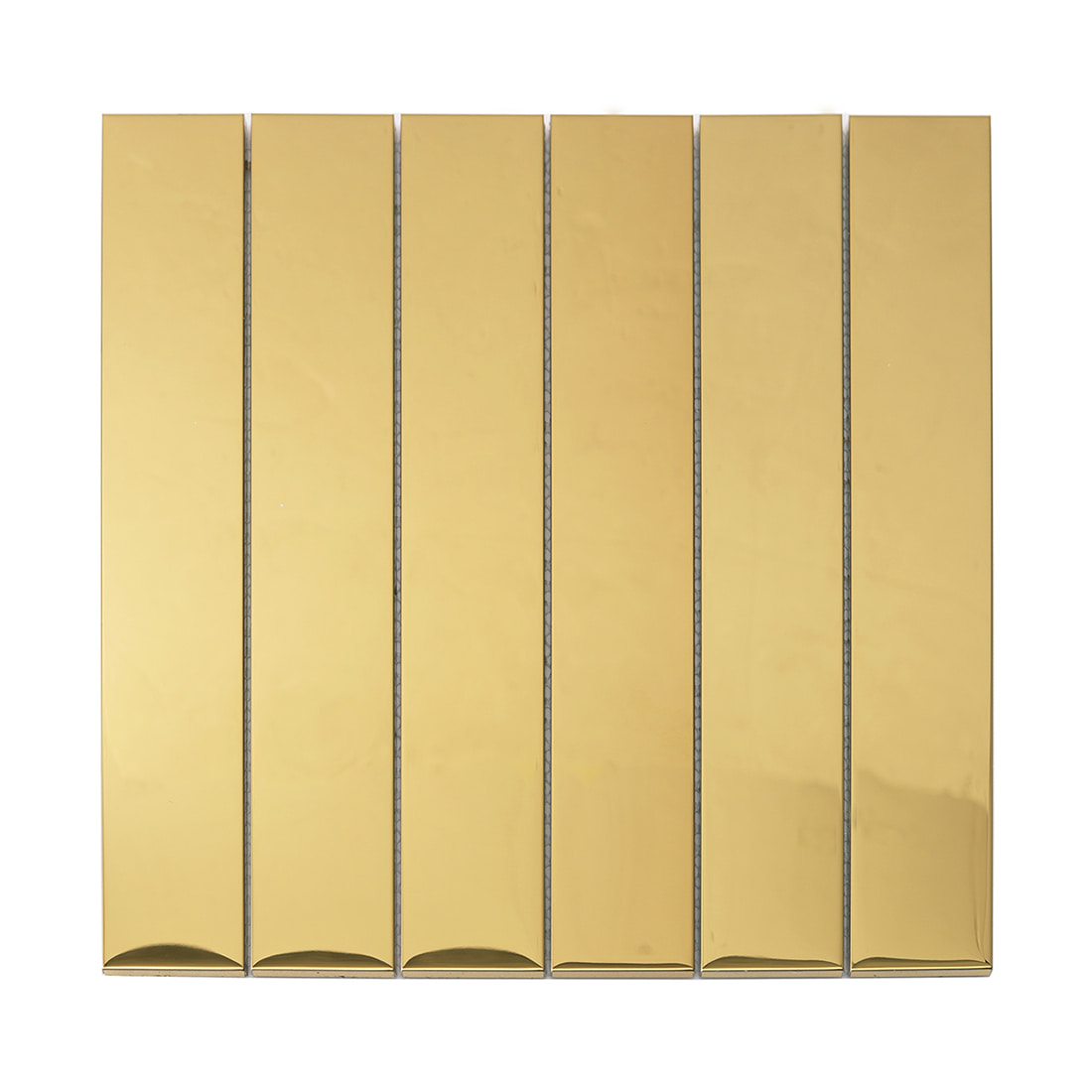 Square sheet of gold mirror finish linear stainless steel mosaic tiles.