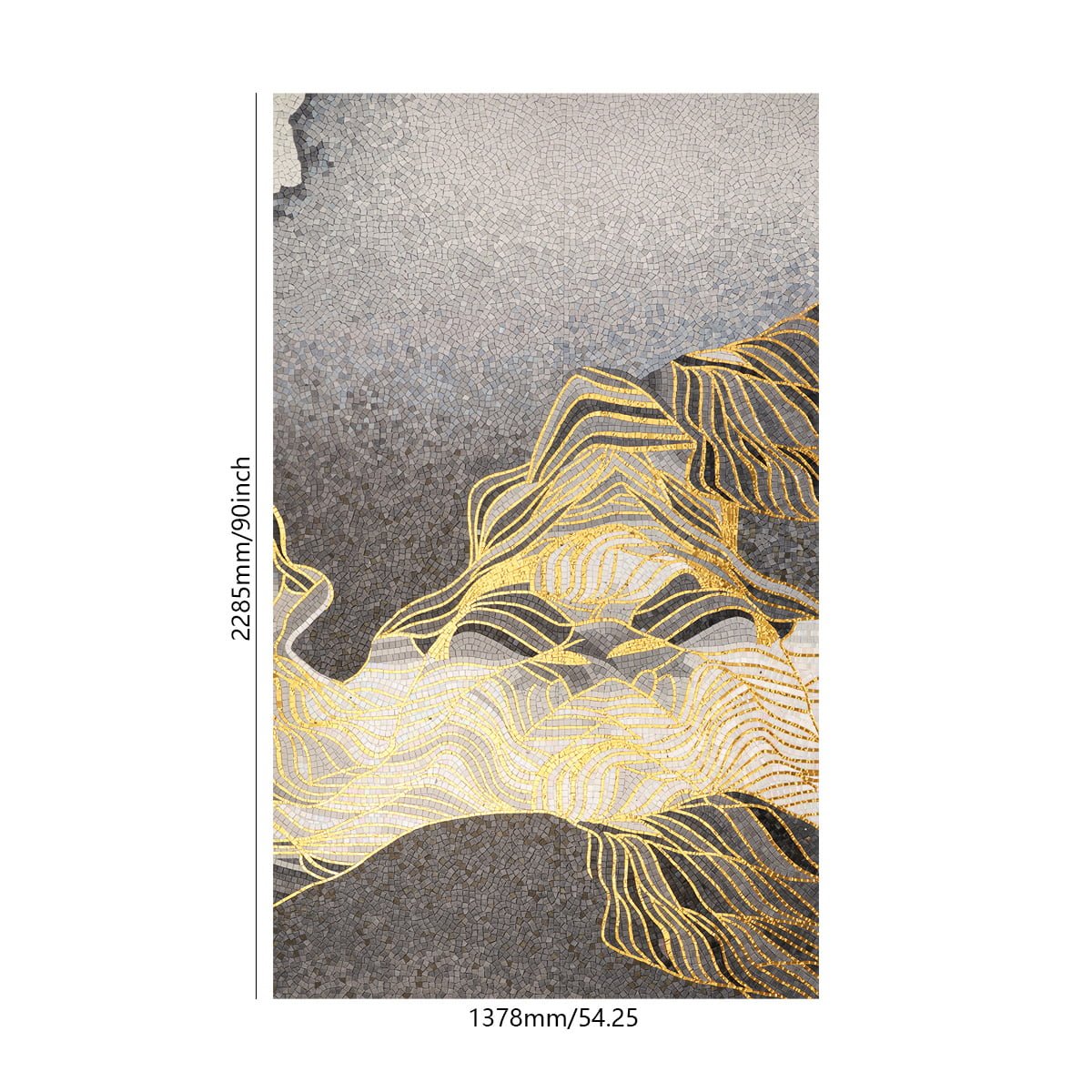 Vertical mosaic wall art depicting abstract golden mountains on gray background.