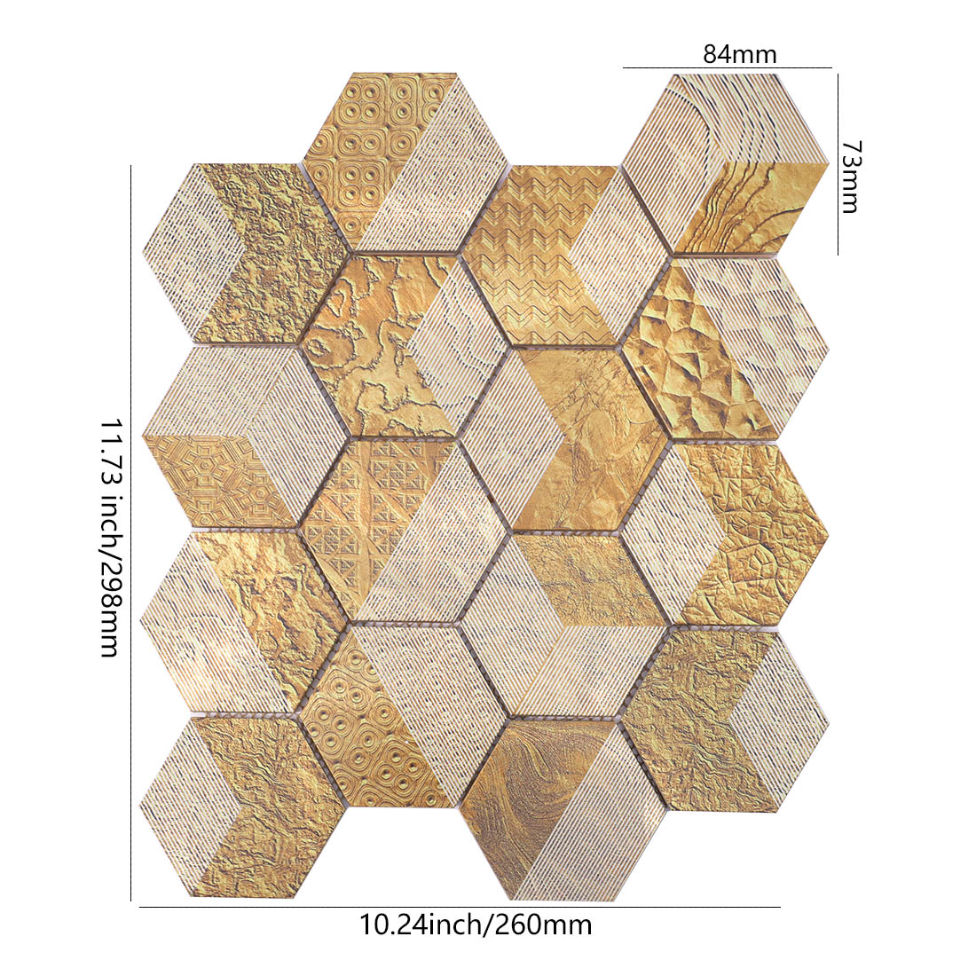 Gold textured patterned hexagon aluminum mosaic tile sheet dimensions