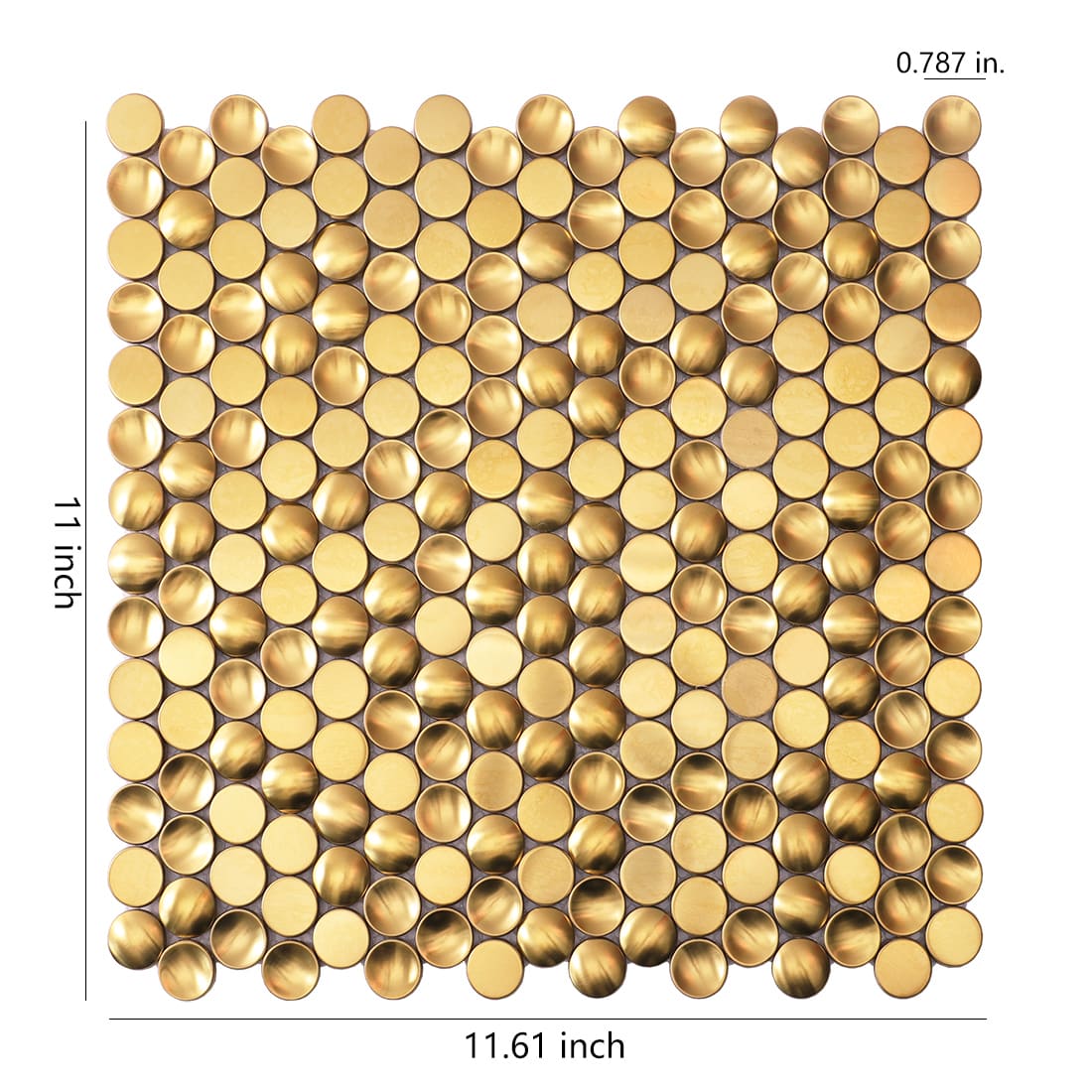 Gold penny round metal mosaic tile sheet with dimensions.