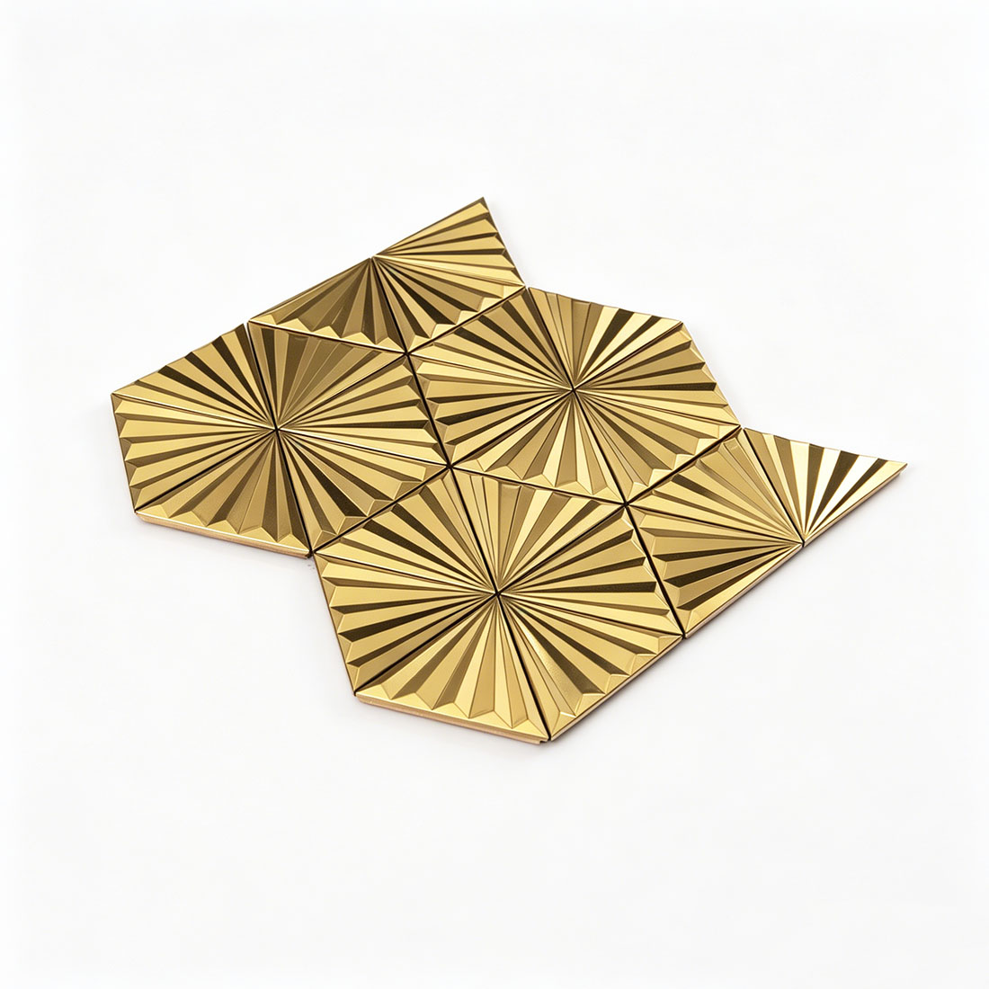 Angled sheet display of gold radiating triangle stainless steel mosaic