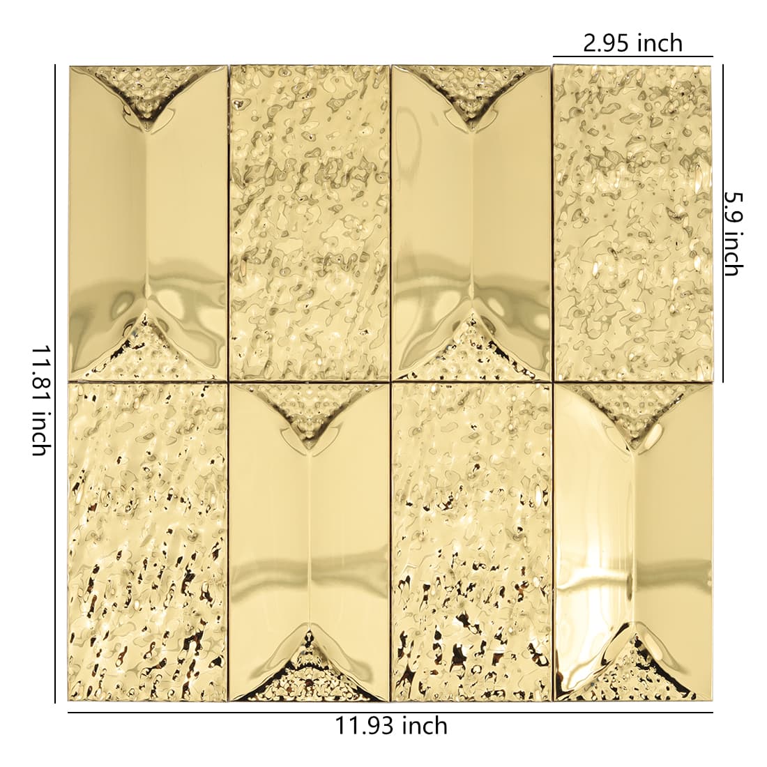 Gold rectangular 3D metal mosaic tile sheet with size details