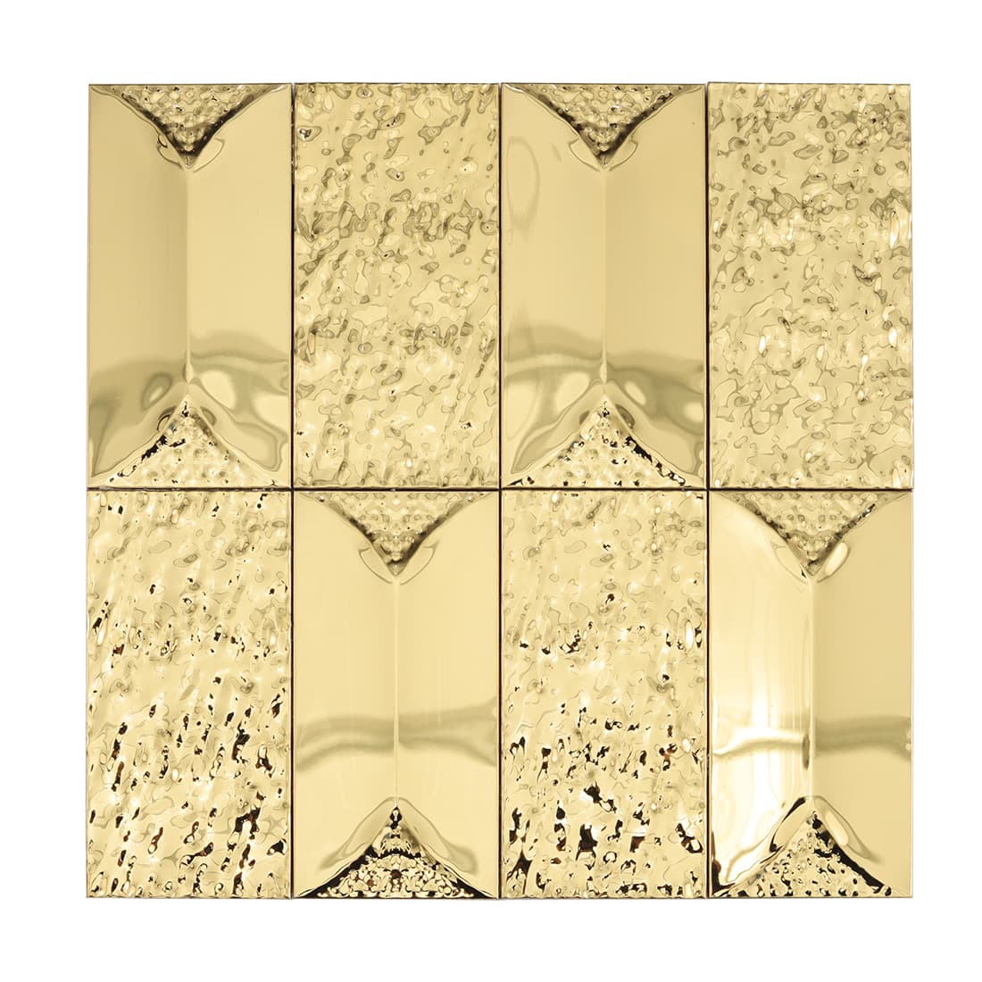 Gold rectangular 3D metal mosaic tile with hammered and mirror finish